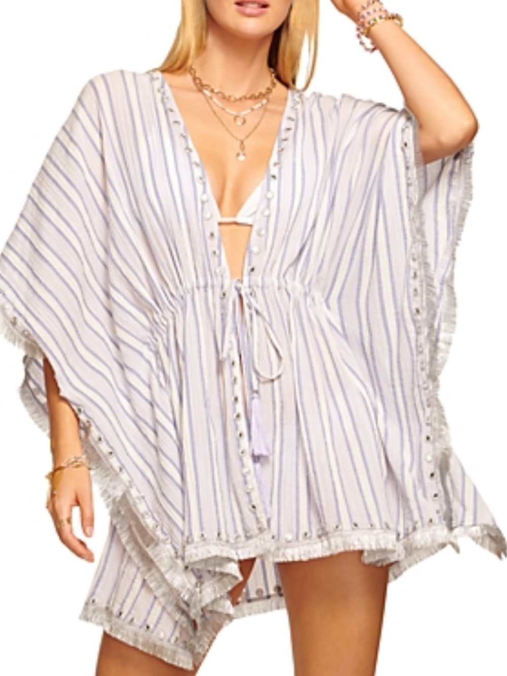 Ramy Brook Sz M Daisy Cotton Swimsuit cover-up White Blue Striped coastal Boho。